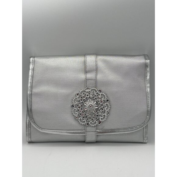 Silver Foldable Travel Jewelry Organizer With Embellished Button Closure - Picture 1 of 10